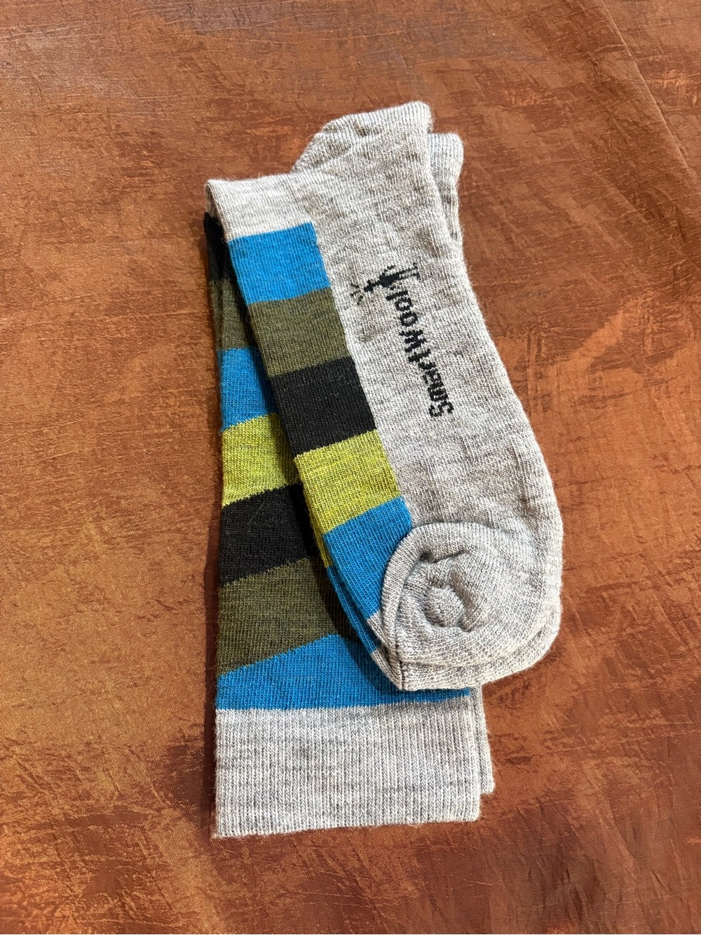 Smartwool Light Gray Crew Socks with Blue and Green Stripe Blocks